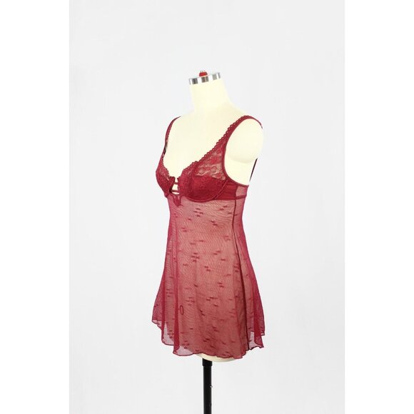 Vintage SILK & SATIN Maroon Red Mesh Lace Babydoll Negligee Slip Dress, Size S - Picture 4 of 13